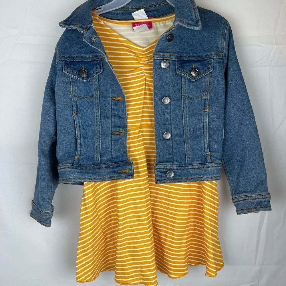 Zunie Girls Blue Denim‎ Jacket Mustard Yellow Skater Dress Set 14 16 xl 423